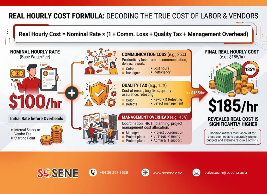 Real hourly cost formula: a $100/hr nominal rate plus communication loss (25%), quality tax (15%) and management overhead (45%) equals $185/hr